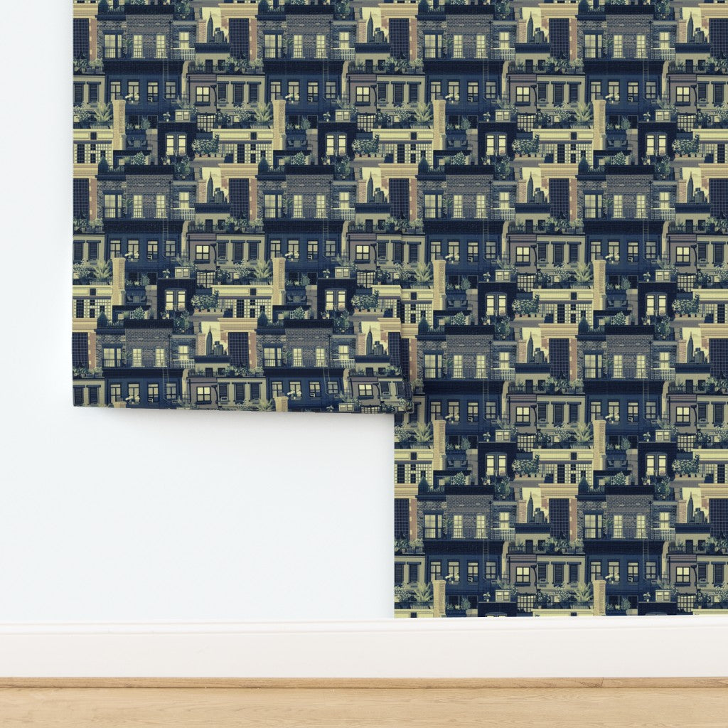 West Village Rooftops wallpaper in Cream printed on woven grass cloth substrate.