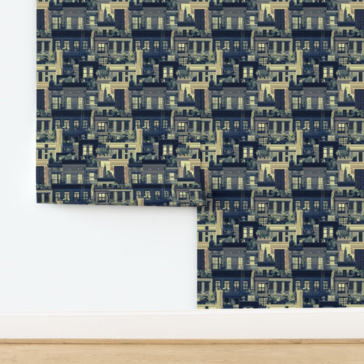 West Village Rooftops wallpaper in Cream printed on woven grass cloth substrate.
