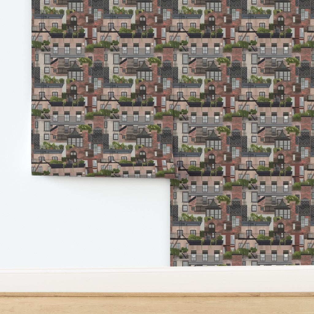 Planted Terraces wallpaper in Red Brick, printed on textured natural grass cloth.