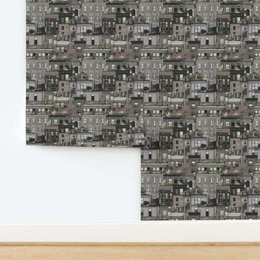Planted Terraces wallpaper in Grey, printed on textured natural grass cloth substrate.