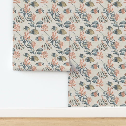 Off White tropical fish pattern printed on natural grass cloth wallpaper.
