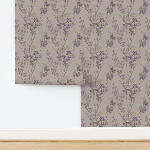 Woven natural grasscloth texture on Purple Statice botanical wallpaper.