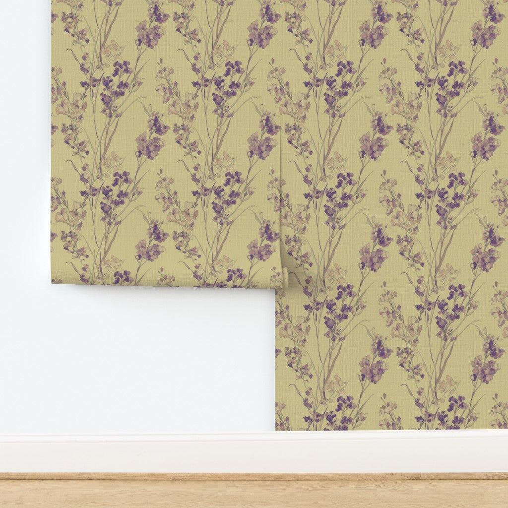 Celadon colorway of the Purple Statice botanical wallpaper on organic grasscloth.
