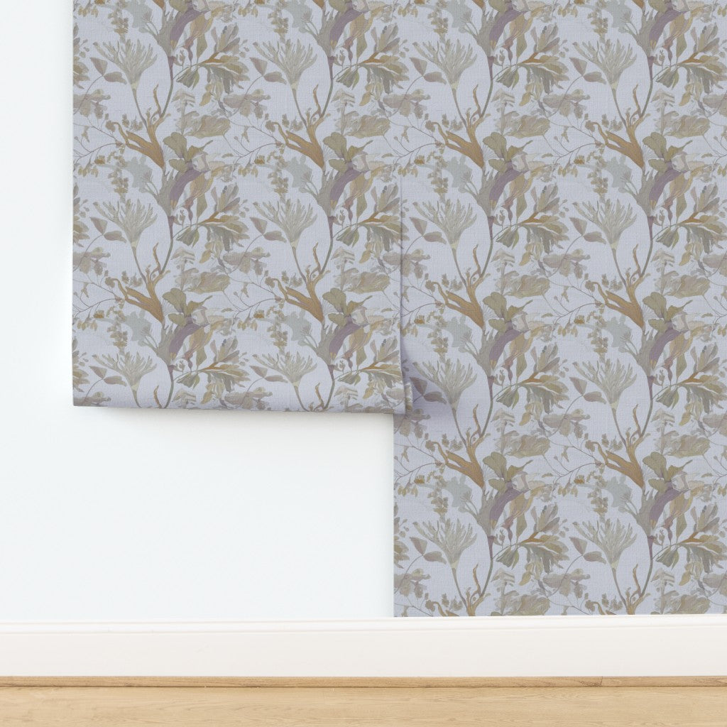 Grasscloth botanical wallpaper highlighting the rich, organic woven textile texture.