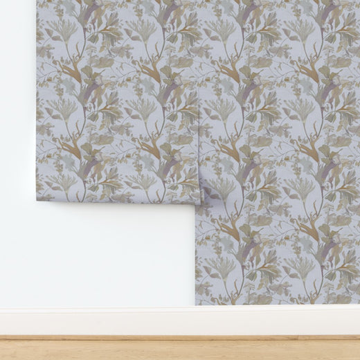 Organic grasscloth seaweed patterned wallpaper showing natural weave variations.