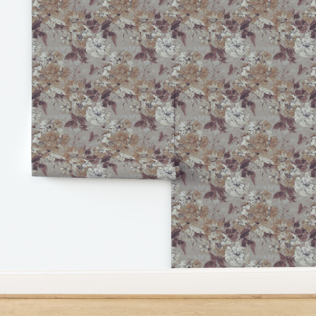 Woven grass cloth wallpaper sample with watercolor blue floral design.