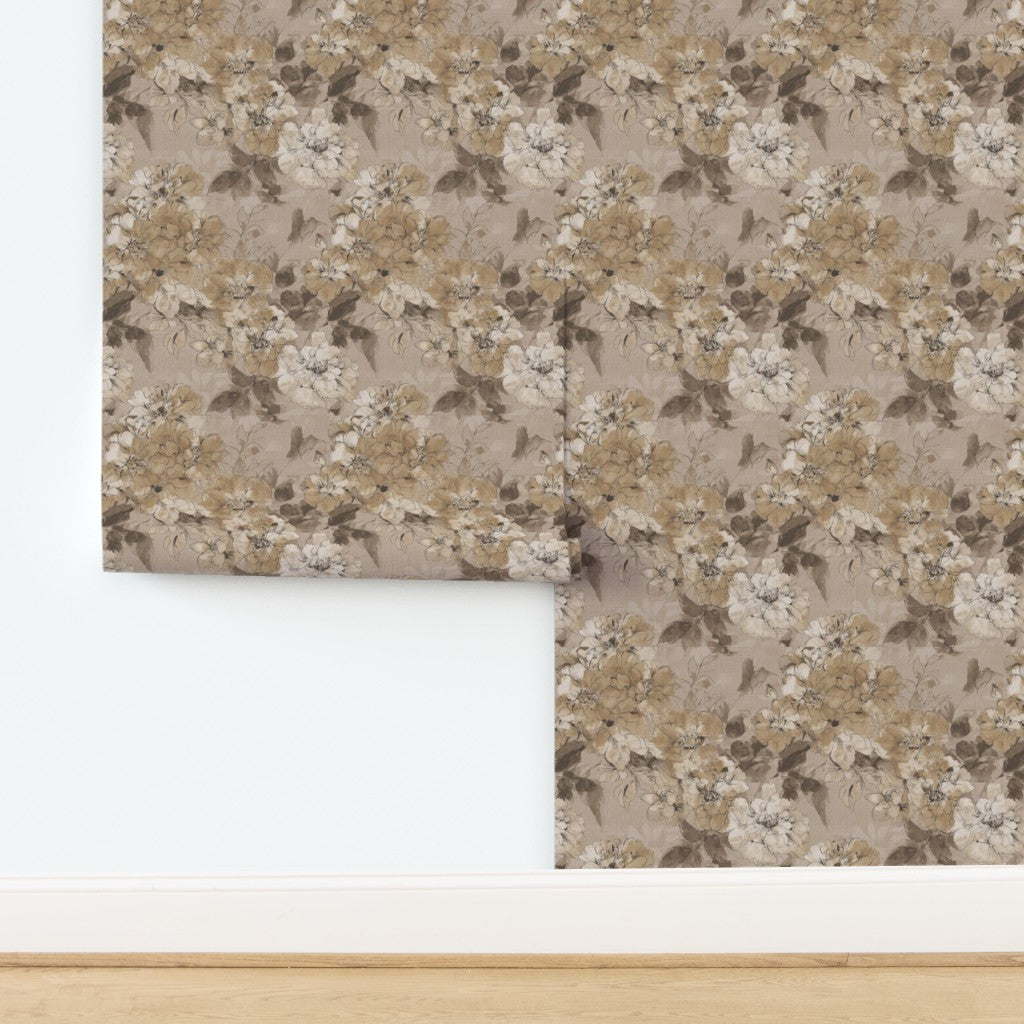 Grass cloth wallpaper swatch featuring deep twilight purple watercolor florals.