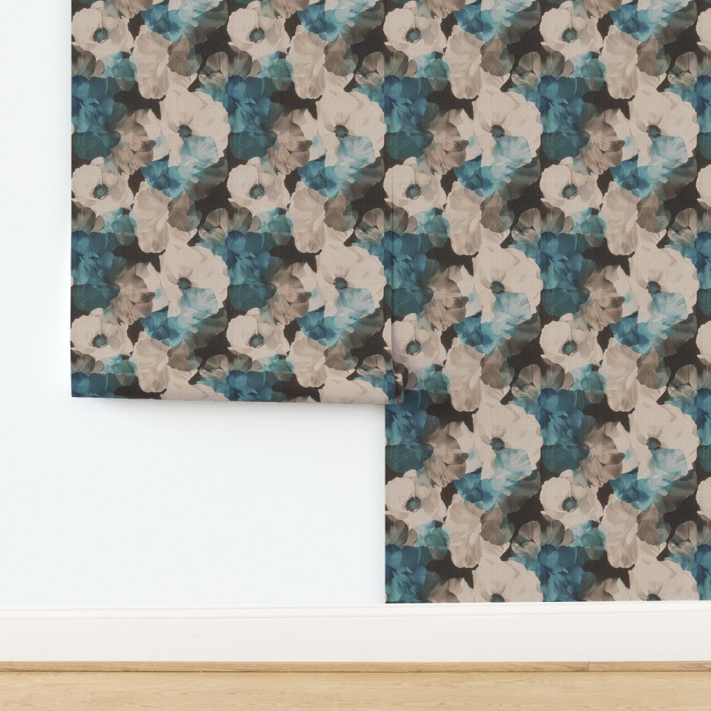 Detail of Sheer Peonies botanical pattern printed on organic grasscloth in Hazel.