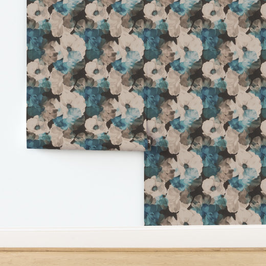 Detail of Sheer Peonies botanical pattern printed on organic grasscloth in Hazel.