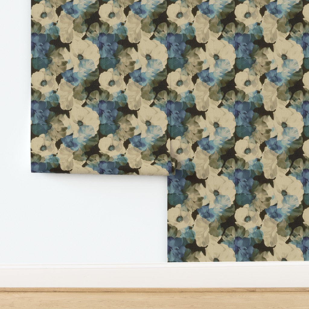 Sheer Peonies botanical design on textured grasscloth in Latte colorway.