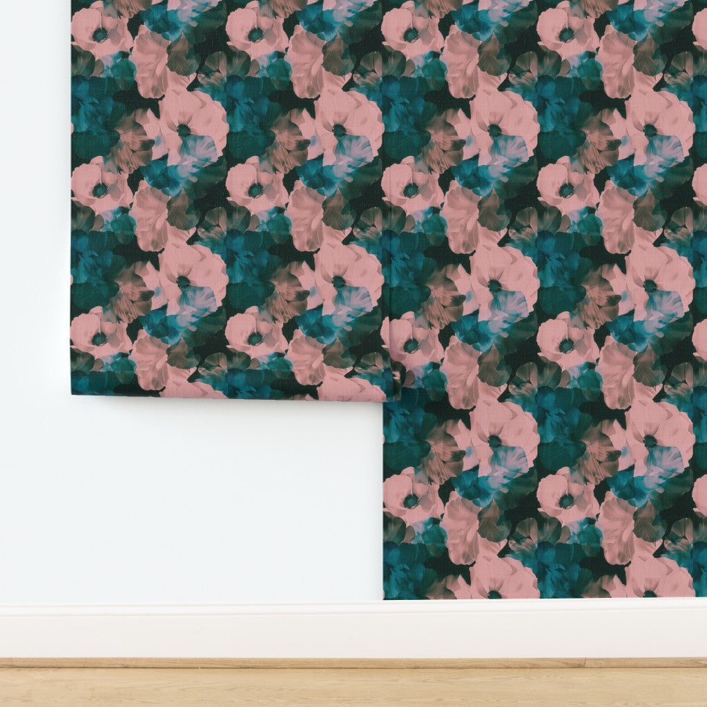 Detailed print of Sangri Sheer Peonies botanical wallpaper on grasscloth.