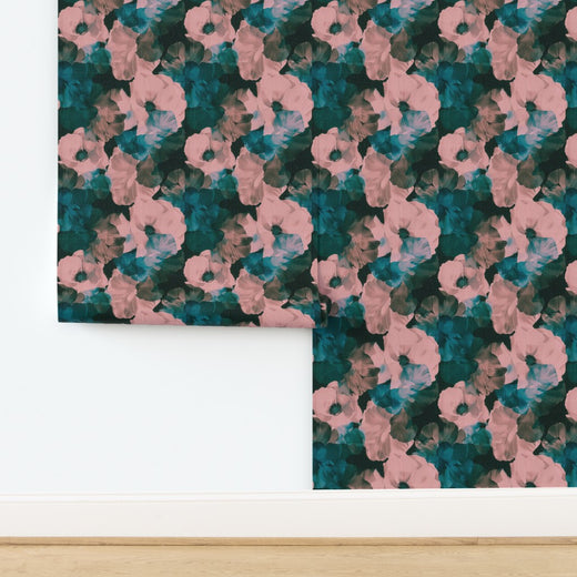 Detailed print of Sangri Sheer Peonies botanical wallpaper on grasscloth.