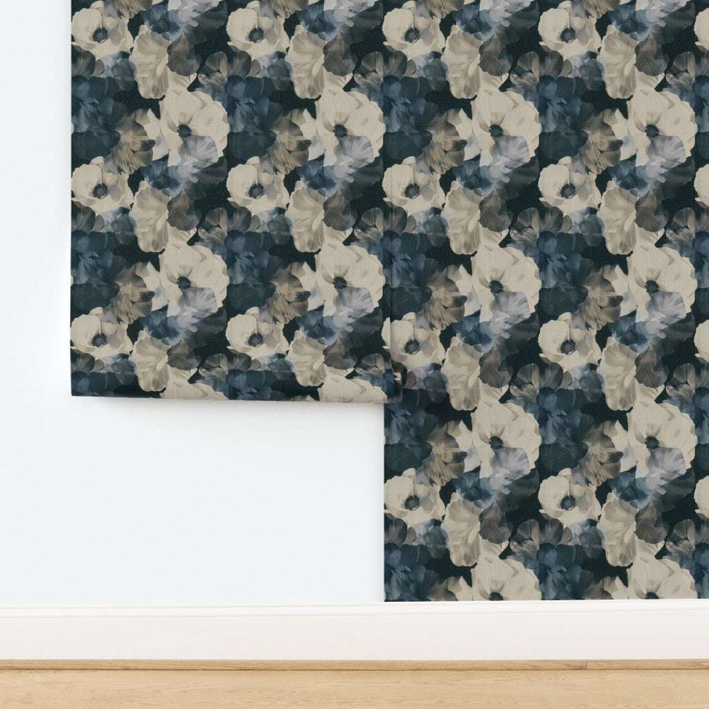 Detail of Scandi Sheer Peonies print on woven natural grasscloth.