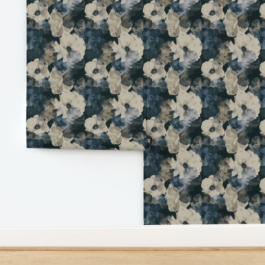 Detail of Scandi Sheer Peonies print on woven natural grasscloth.