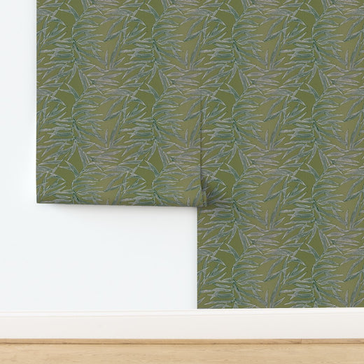 Moss green Bamboo wallpaper on textured organic grasscloth.