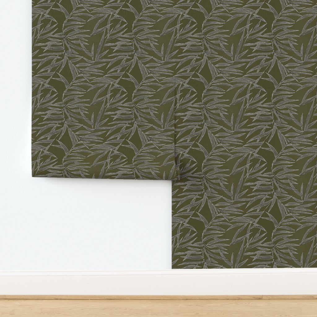 Bamboo wallpaper in Olive, printed on organic textured grasscloth.