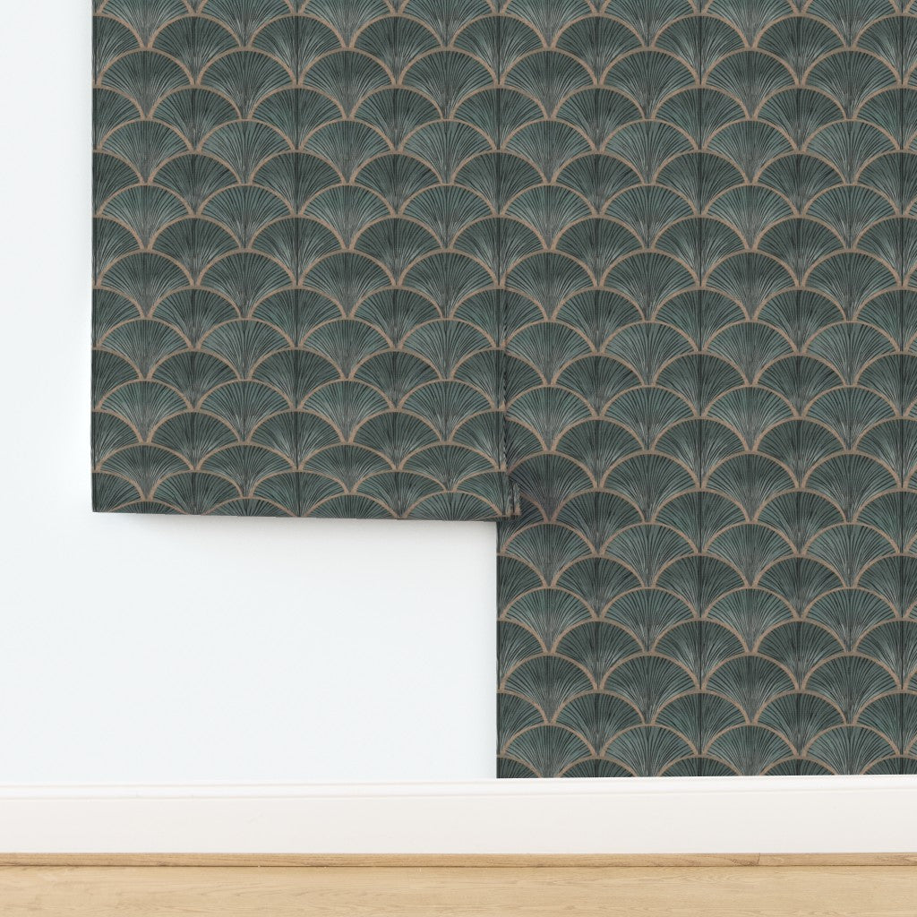 Elegant textured detail of the Art Deco fish scale pattern on woven grass cloth.
