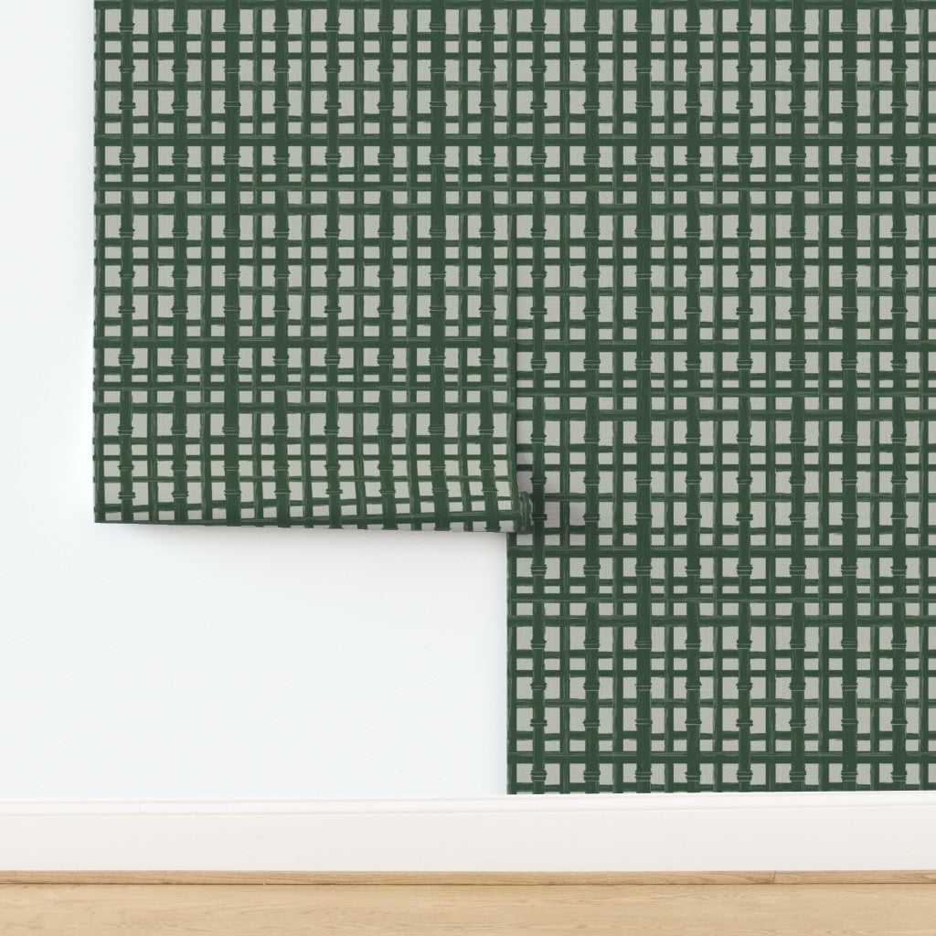 Textured grasscloth wallpaper featuring a rhythmic bamboo screen design.