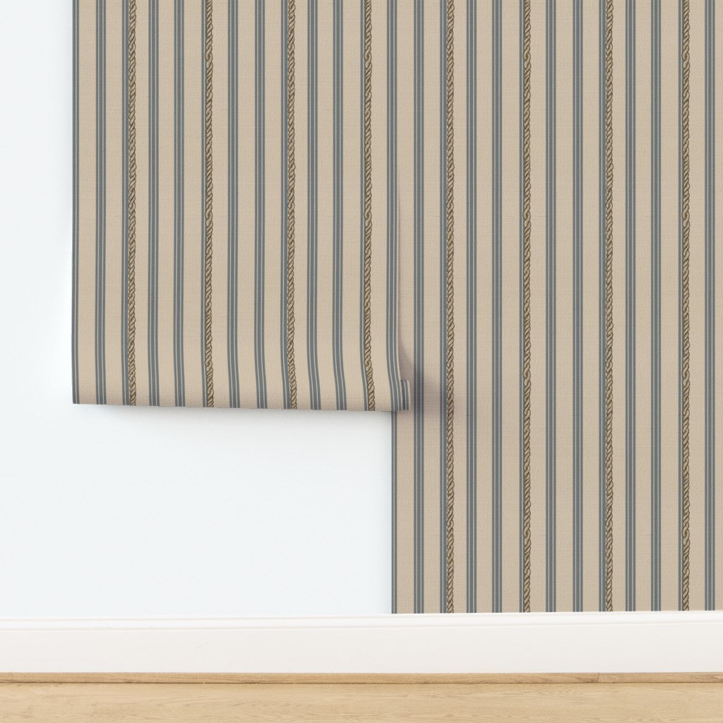 Blue nautical stripe wallpaper on textured natural grass cloth substrate