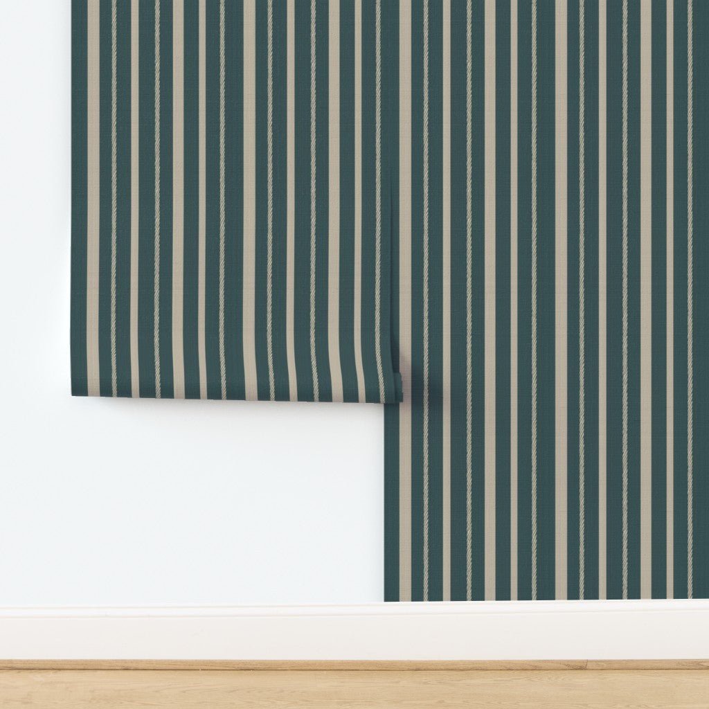 Textured grasscloth substrate sample of the teal nautical stripe wallpaper pattern