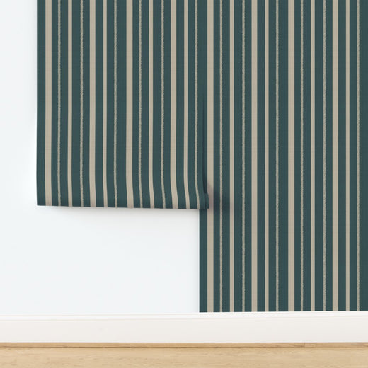 Textured grasscloth substrate sample of the teal nautical stripe wallpaper pattern