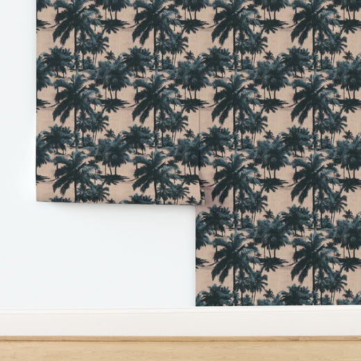 St. Croix palm design printed on textured natural grasscloth wallpaper.
