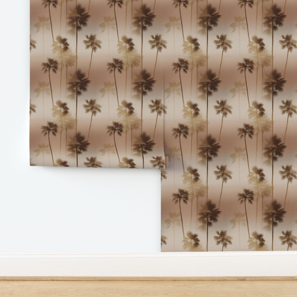 Detailed close-up of the palm tree wallpaper design printed on rich natural grasscloth textile.