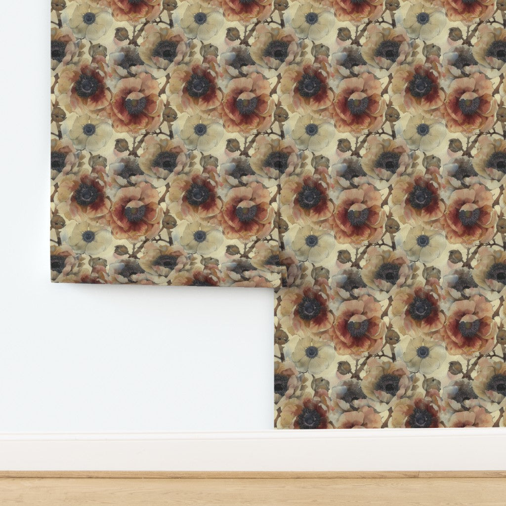 Sunset Poppy and Anemone pattern printed on textured natural grass cloth backing.