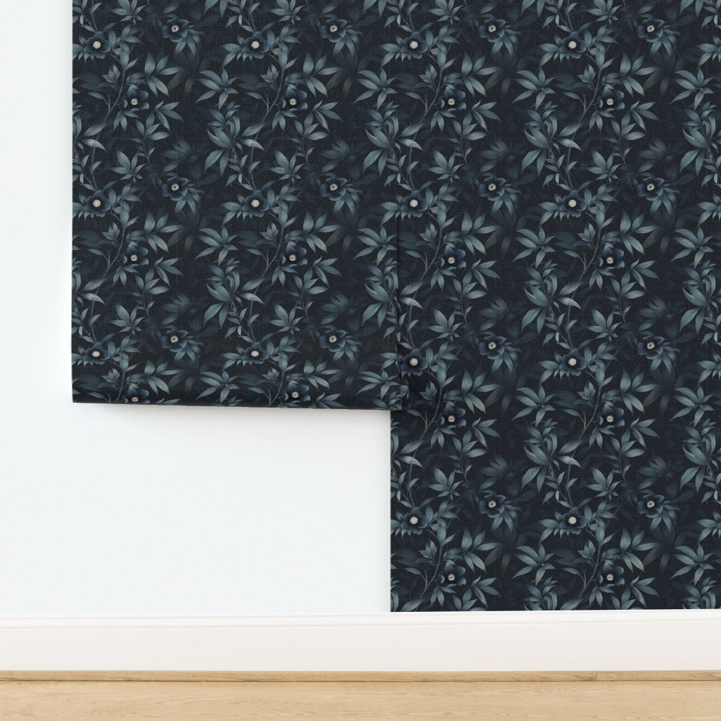 Midnight Bloom Garden wallpaper on a textured natural grasscloth backing, highlighting the organic weave.