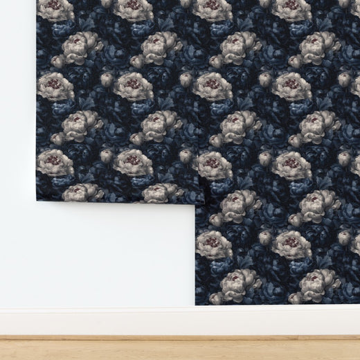 Textured grass cloth version of the Indigo Bloom Ballad wallpaper in a curated bedroom interior