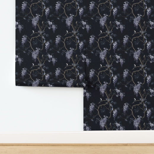 Natural grass cloth wallpaper substrate featuring the textured wisteria and swallow pattern