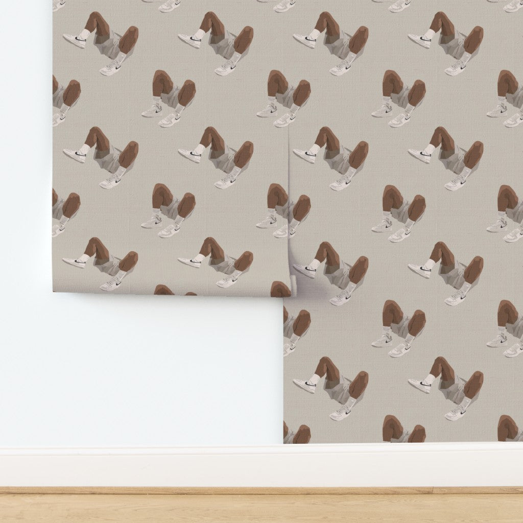 Luxurious natural grasscloth wallpaper featuring the White Kicks sneaker motif with rich organic texture.
