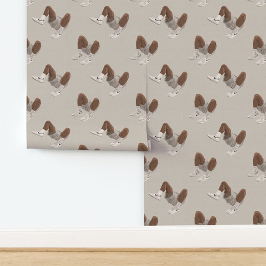 Luxurious natural grasscloth wallpaper featuring the White Kicks sneaker motif with rich organic texture.
