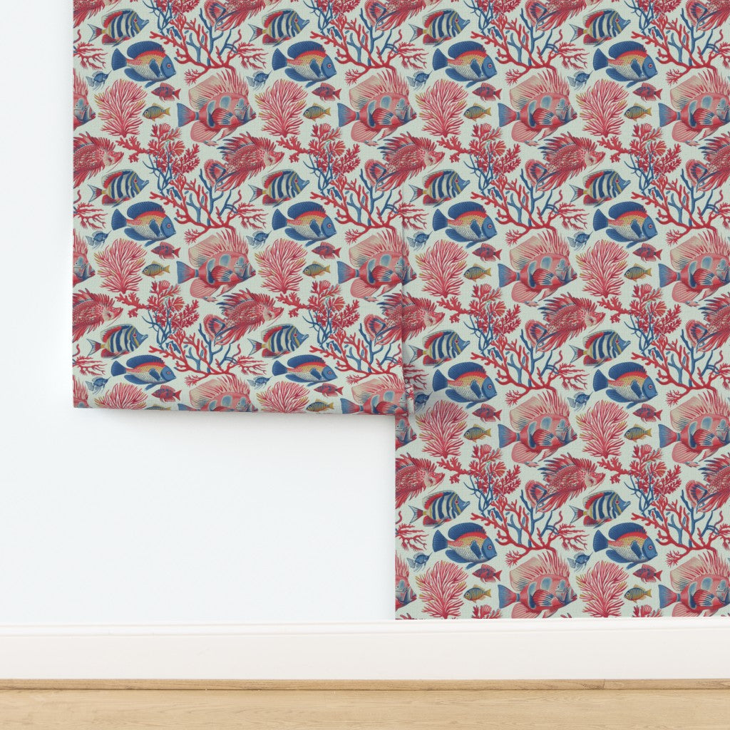 Red Fish, Blue Fish hand-illustrated wallpaper in Light Blue, natural grass cloth texture.