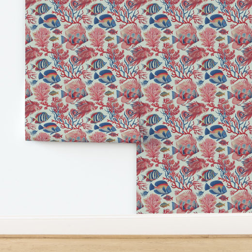 Red Fish, Blue Fish hand-illustrated wallpaper in Light Blue, natural grass cloth texture.