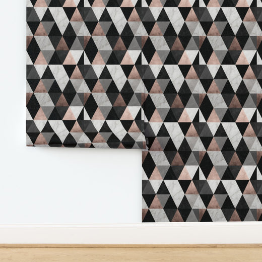 Rose Noir triangular marble mosaic design printed on textured natural grass cloth wallpaper substrate.