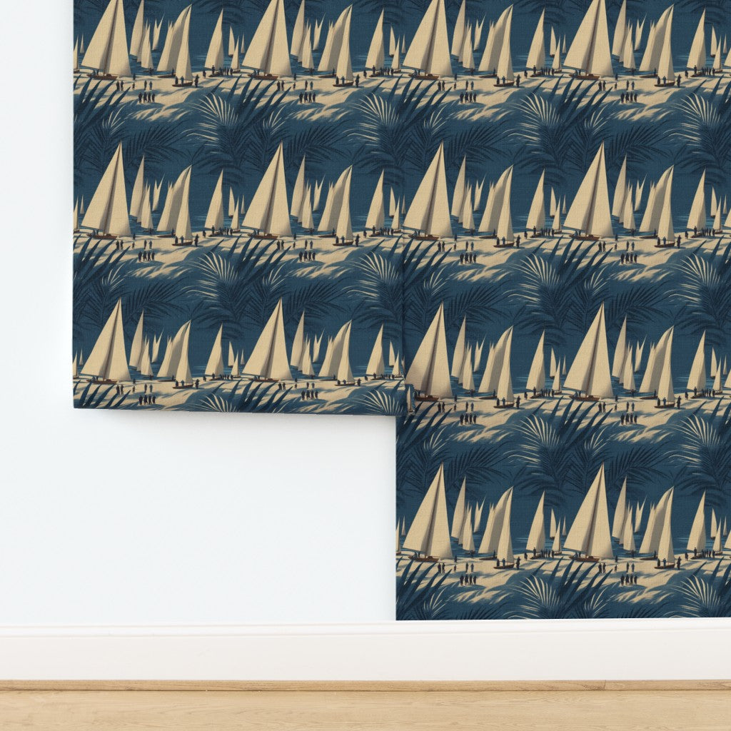 Nautical sailboat pattern on premium textured natural grasscloth wallpaper.