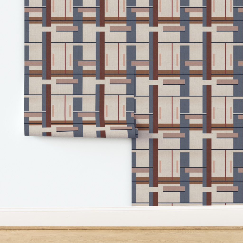 Textured natural grass cloth Bauhaus wallpaper showcasing organic woven fibers and bold shapes.
