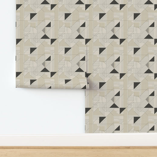 Textured grass cloth edition of Atelier Geometry wallpaper showing natural fiber weave.