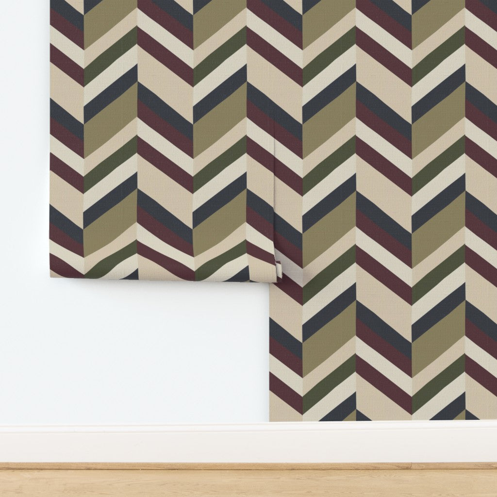 Contemporary chevron design printed on a textured grass cloth natural fiber wallpaper substrate.
