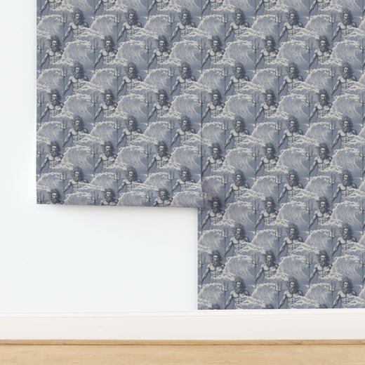 Organic grasscloth texture displaying the Neptune classical wallpaper design in Mist.