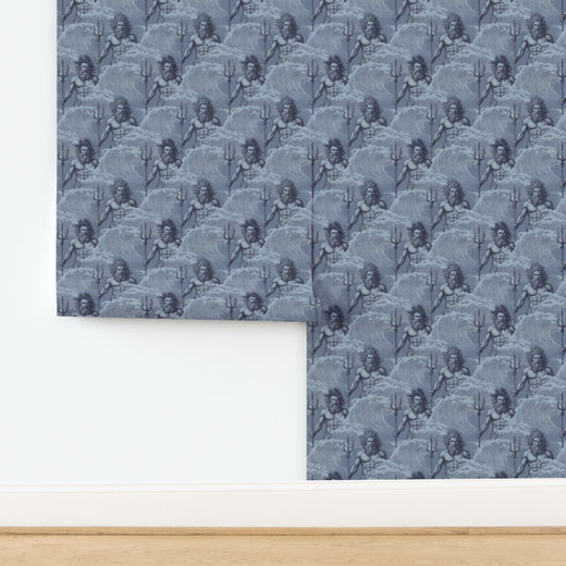 Neptune mythological wallpaper printed on organic Aegean blue grasscloth substrate.