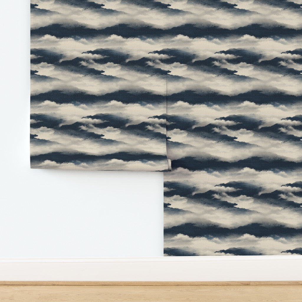Close-up of Moonlit Clouds wallpaper on textured natural grass cloth substrate.