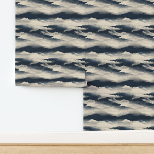 Close-up of Moonlit Clouds wallpaper on textured natural grass cloth substrate.