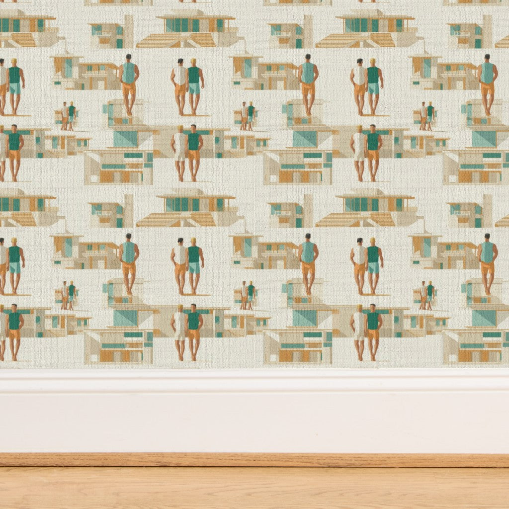 Rich organic texture of natural grasscloth substrate printed with the midcentury beach lifestyle pattern.