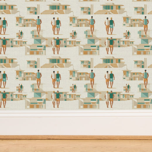 Rich organic texture of natural grasscloth substrate printed with the midcentury beach lifestyle pattern.