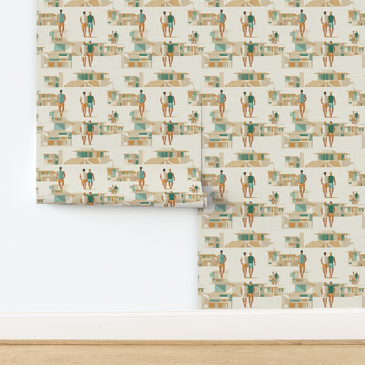 Textured grasscloth variation of the modernist coastal resort wallpaper pattern.
