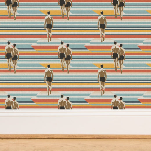 Strada del Sole grasscloth wallcovering showing organic fibers and mid-century design details.