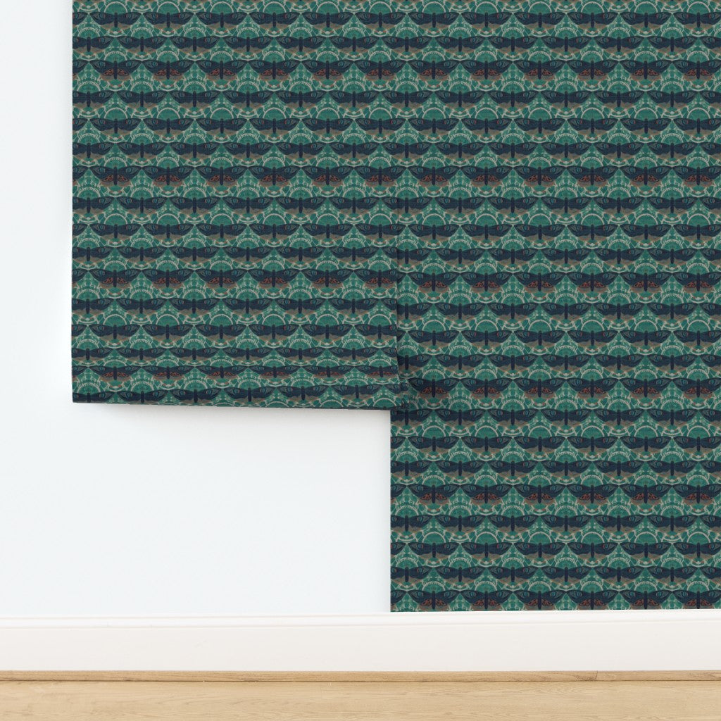 Teal Butterfly Lattice wallpaper printed on textured natural grasscloth substrate.