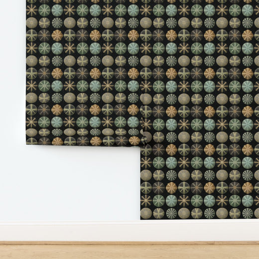 Sea Urchin Study wallpaper printed on textured natural grass cloth substrate.